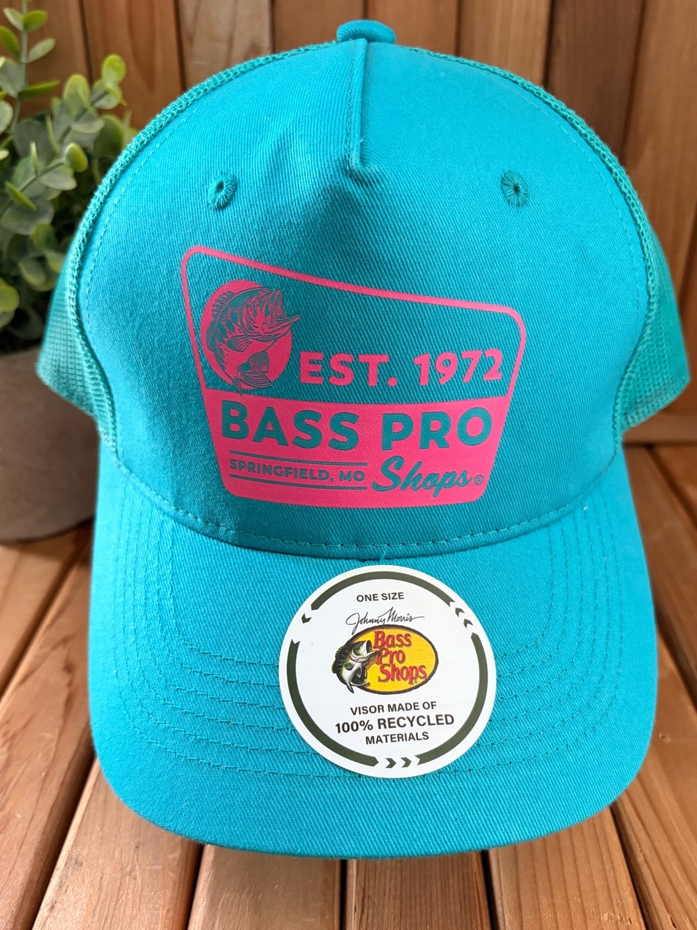 Bass Pro Shops Teal Trucker Hat Snapback Mesh Cap with Retro Pink Logo NWT